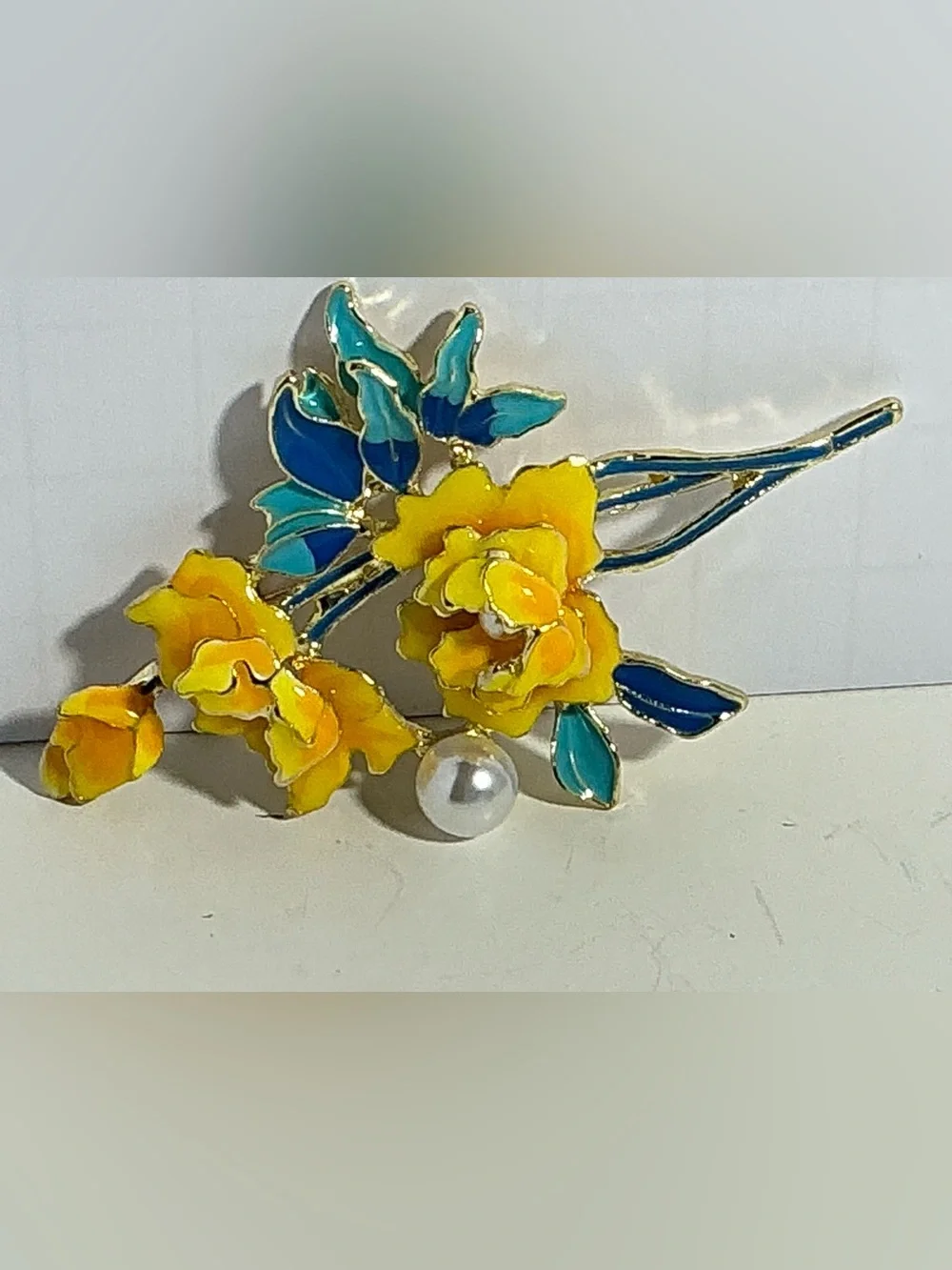 Yellow Floral Enamel Brooch with Pearl Accent